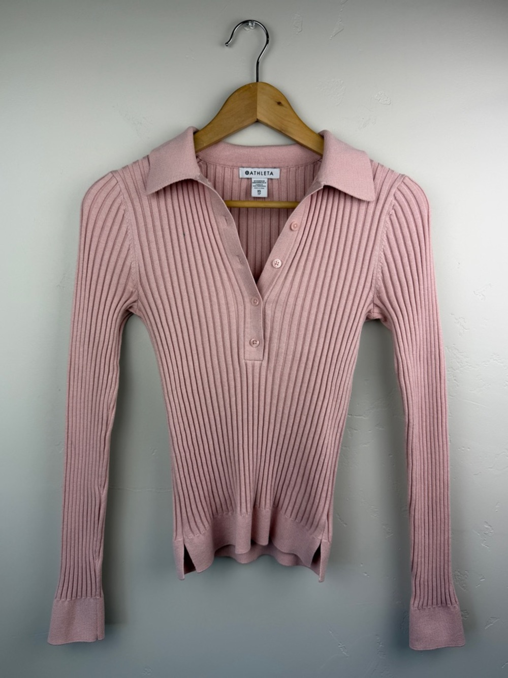 Athleta Sweet Bay Ribbed Pink Collared Henley Sweater Top Long Sleeve XS